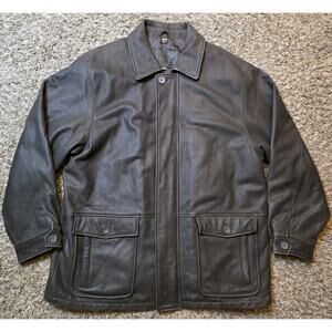 St Johns Bay Leather Jacket Mens Large Brown Bomber Buttons Pockets